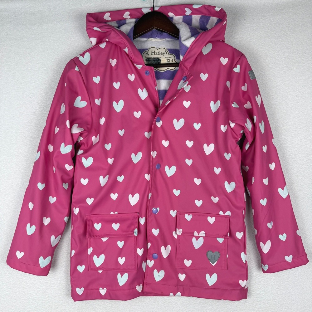 Hatley Raincoat Girls 12 Pink Color Changing Heart Hooded Fleece Lined Jacket